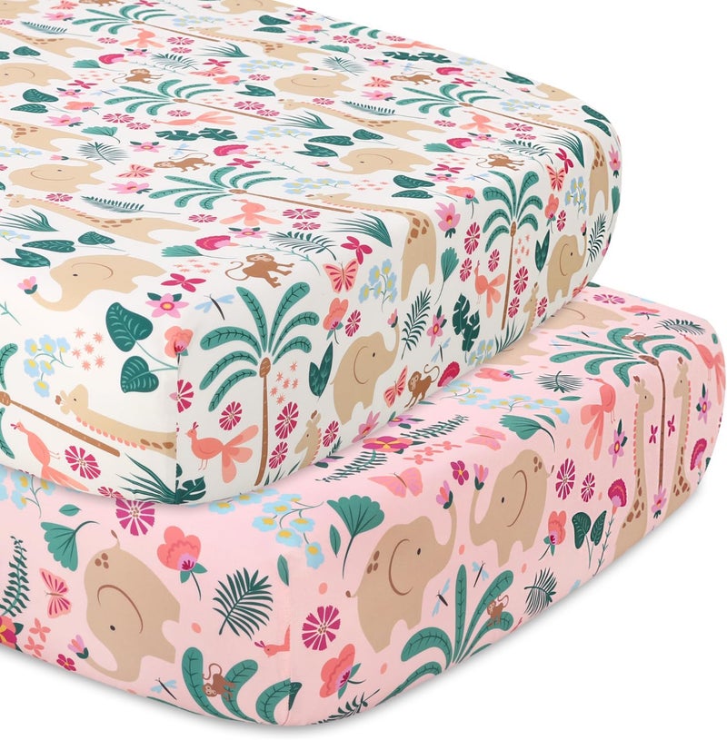 The Peanut Shell 5 Piece Baby Crib Bedding Set for Girls - Newborn, Infant & Toddler Nursery Bed Set Decor with Fitted Crib Sheets, Blanket, Dust Ruffle Comforter - Bright Safari - Image 4